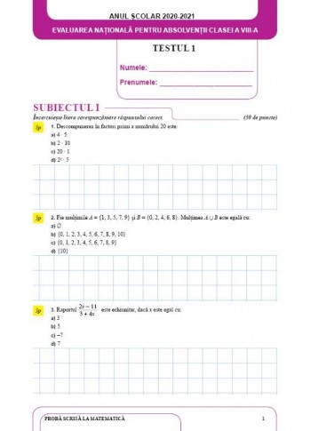 Evaluare nationala 2021-2022 (testul 1 matematica)