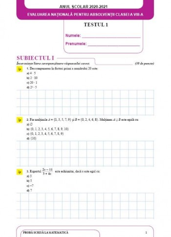 Evaluare nationala 2021-2022 (testul 1 matematica)