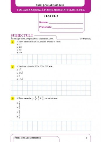 Evaluare nationala 2022-2023 (testul 2 matematica)