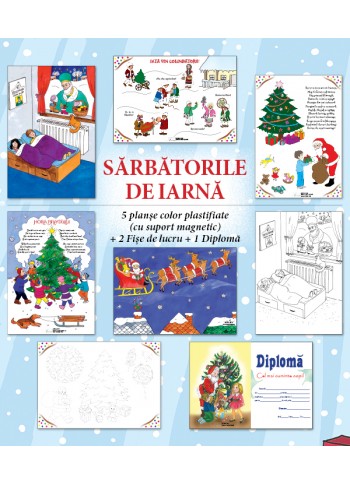 Sarbători de iarnă, set de planșe A4 (5 planse plastifiate + 2 fise de lucru + 1 Diploma) (+1 folie pastile magnetice dreptunghiulare cadou) 