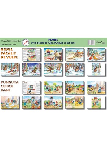 set Planse povesti - Ursul pacalit de vulpe (9 planse A3), Punguta cu doi bani (9 planse A3)